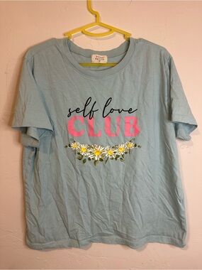 Self Love Club Light Blue Tee with Pink Text & Daisies